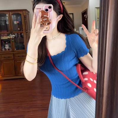 蓝色方领正肩针织短袖T恤女夏季2025新款修身短款法式绝美小上衣