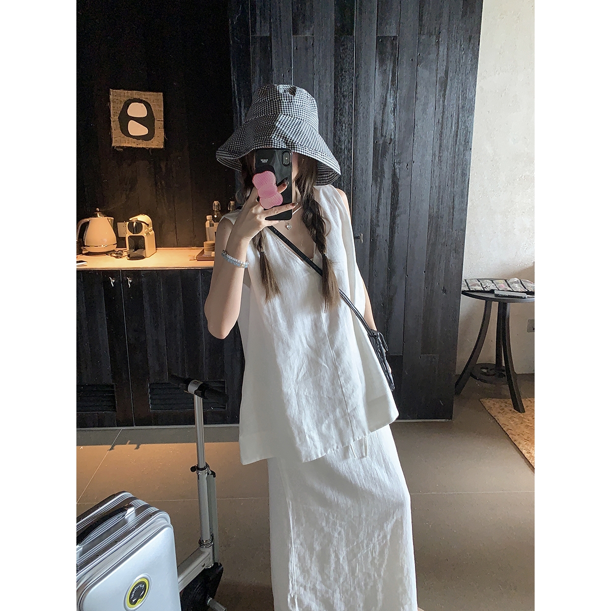 设计感两面穿背心上衣慵懒风套装女夏季高腰开叉半身裙韩系两件套
