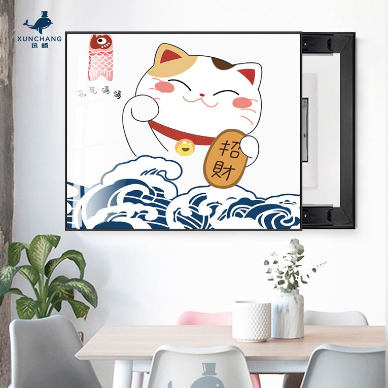 招财猫新中式电表箱装饰画餐厅挂画日式简约配电箱推拉空开多媒体图片