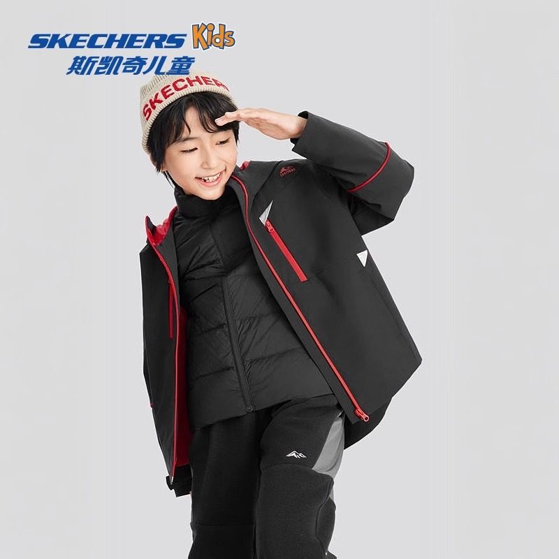 Skechers斯凯奇新款男女童梭织连帽冲锋衣外套羽绒服套装P424K081