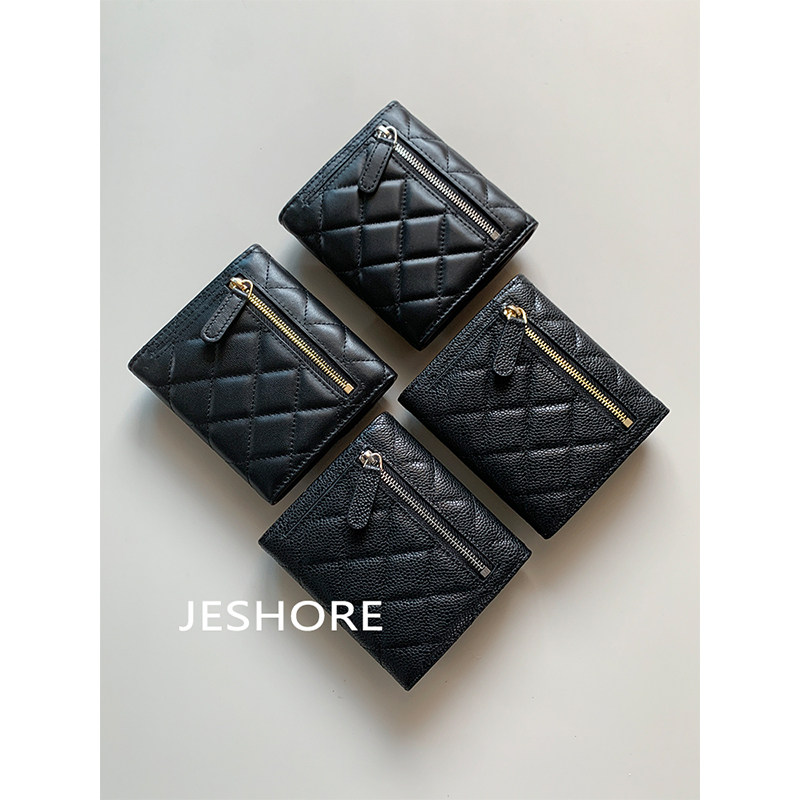 JESHORE 大容量！小香风三折钱包羊皮鱼子酱牛皮按扣拉链钱夹卡包