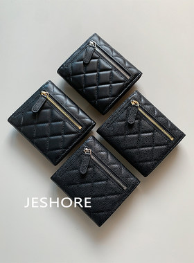 JESHORE 大容量！小香风三折钱包羊皮鱼子酱牛皮按扣拉链钱夹卡包