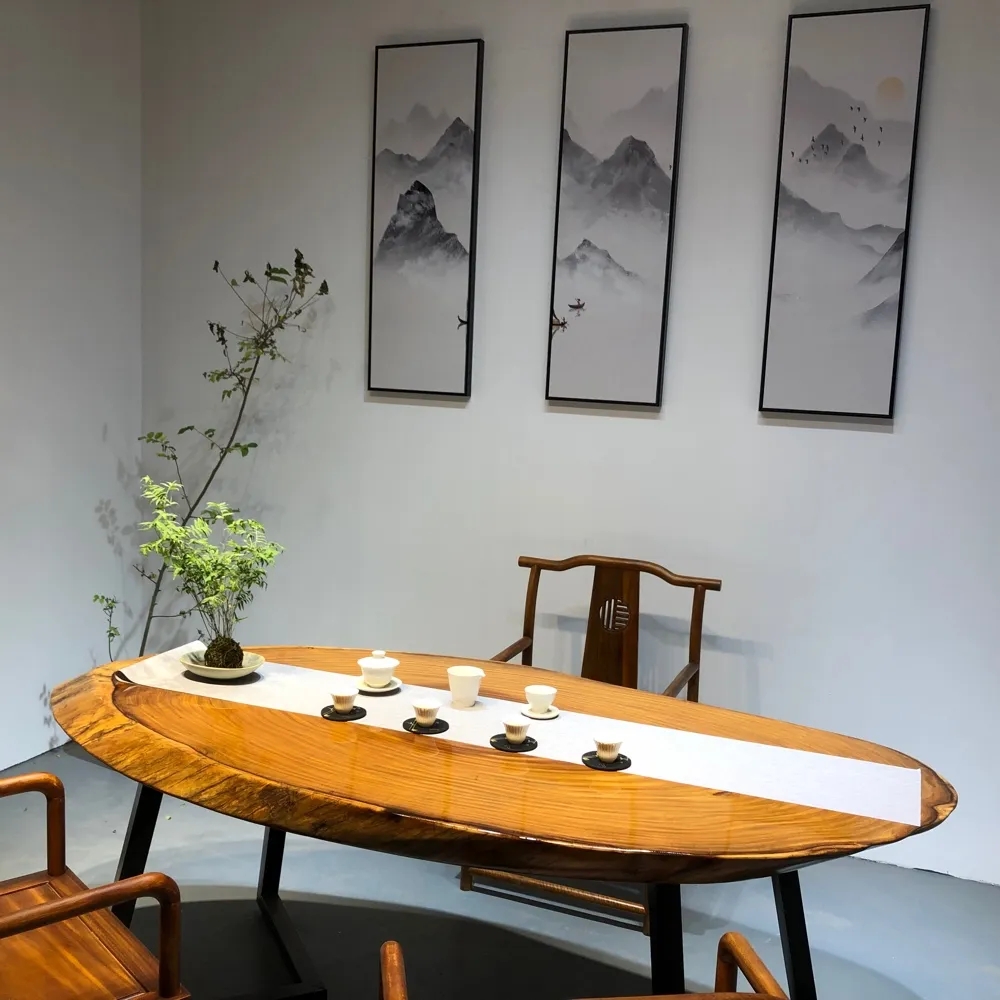非洲柚木实木大板桌圆盘斜盘年轮圆桌实木原木茶桌茶台餐桌自然边