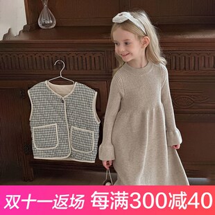秋冬女童甜美荷叶边毛衣裙儿童女宝宝纯色毛线连衣裙Y内搭针织裙