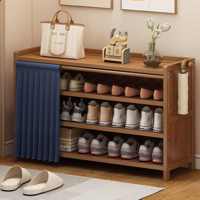 鞋架子家用简易门口收纳神器现代简约收纳柜实木多层带帘防尘鞋柜