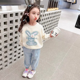 女童花朵兔套装春秋款2024新款儿童H洋气女孩宝宝春季春装卫衣运