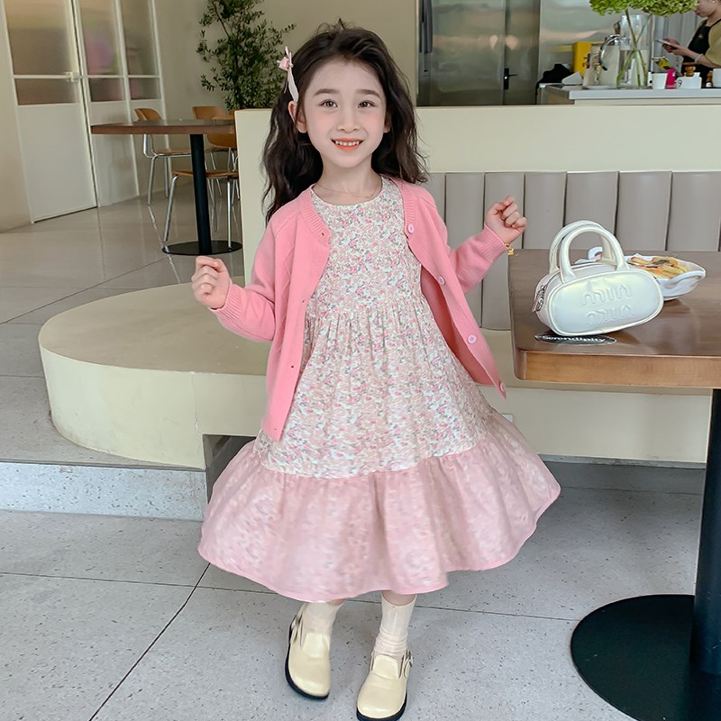 女童秋装连衣裙202p4新款洋气儿童碎花裙开衫套装女孩.春秋长袖裙