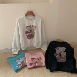 女士小版b卫衣24年秋 韩版宽松卡通小矮人圆领女生长袖T恤慵懒上