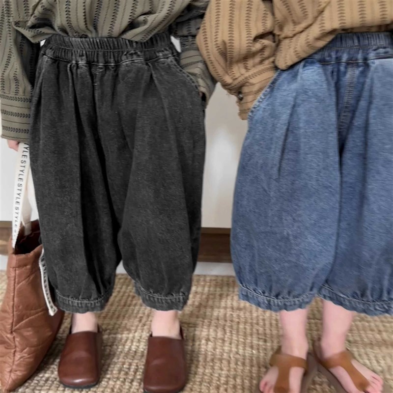 新款春装2024男童纯色x牛仔裤长裤中小童宽松灯笼裤束脚裤