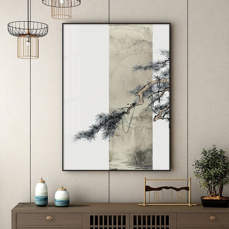 新中式客厅玄关装饰画松树禅意中国风背景墙壁样板房落地竖版挂画
