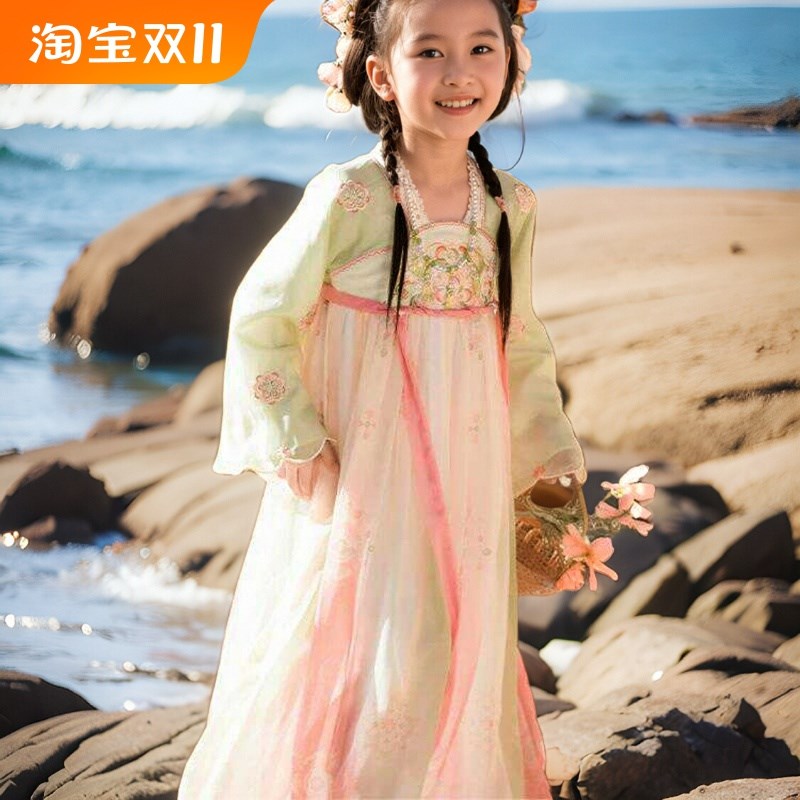 女童汉服春秋长袖连衣裙s儿童齐唐代胸襦裙花朵袖中国风古装表演