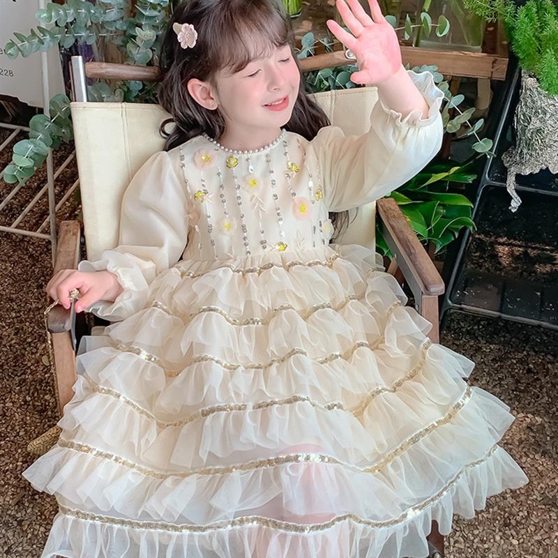 亲肤2024新款公主裙女童连衣裙甜美秋款儿童O洋气珍珠蓬蓬纱裙仙