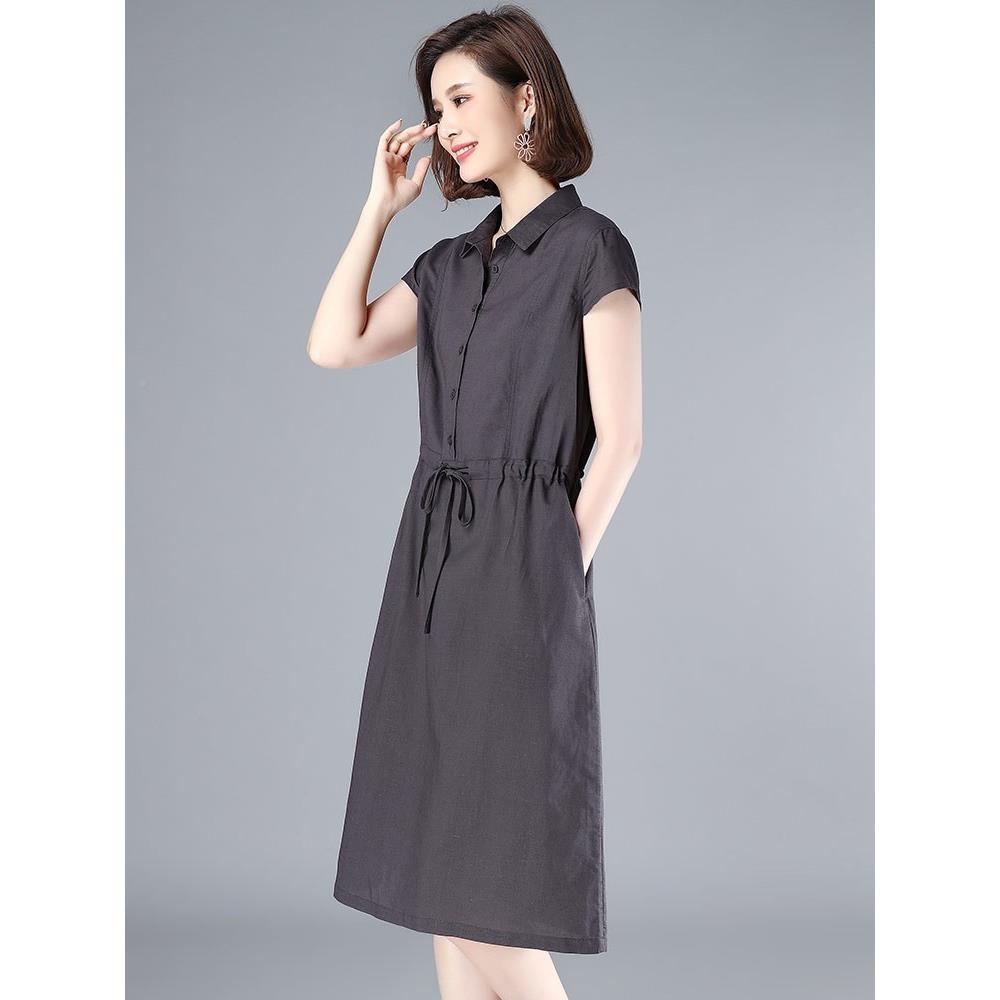芙琳棉麻连衣裙女夏季款休RLI闲中年妈妈宽衬松大码气质苎裙恩麻