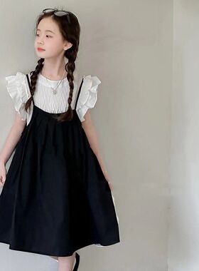 女童夏季背带裙套装中长款连衣裙童装小飞袖衬衣背U心吊带裙子两