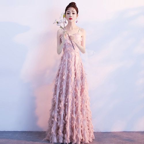 2024春夏新款晚礼服吊带优雅学生毕业成年礼粉色气质宴会伴娘礼服