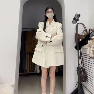 双面羊绒大衣女短款小个子2024新款韩版显瘦呢子西装白色毛呢外套