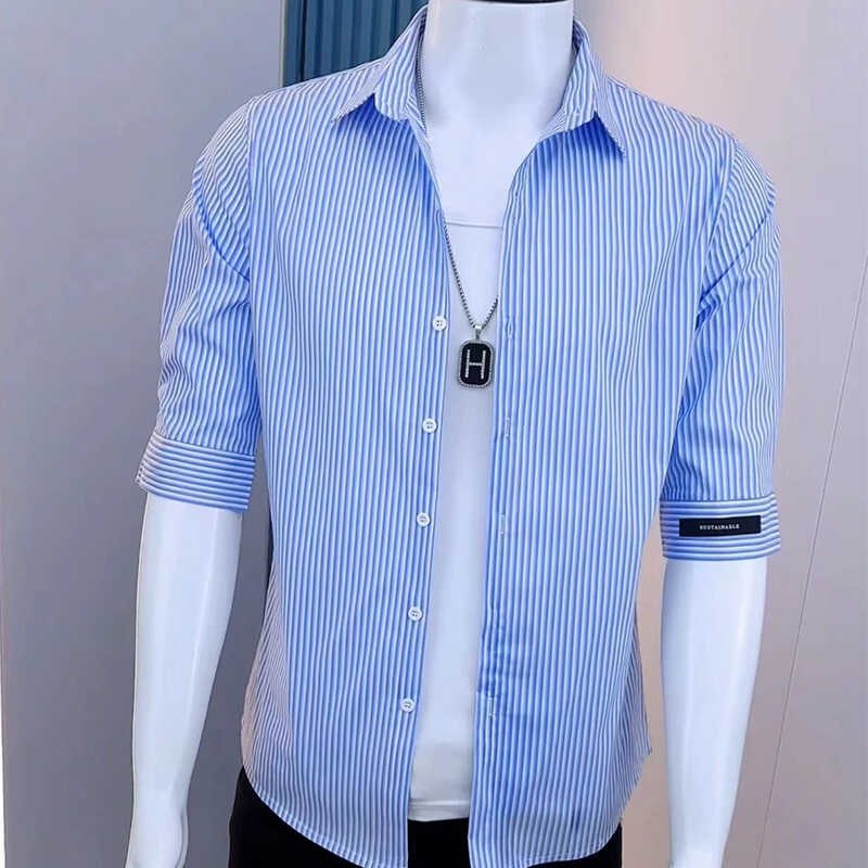 竖条纹中袖衬衫男夏季韩版潮流新C款时尚网红男士衬衣简约百搭寸