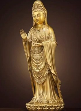 纯铜观音菩萨摆件站莲花观音家居门店装饰大号黄铜南海Z观世音佛