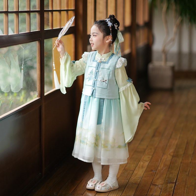 青浅 汉服女童春秋款超仙淡x雅古装比甲套装小女孩古风仙气连衣裙