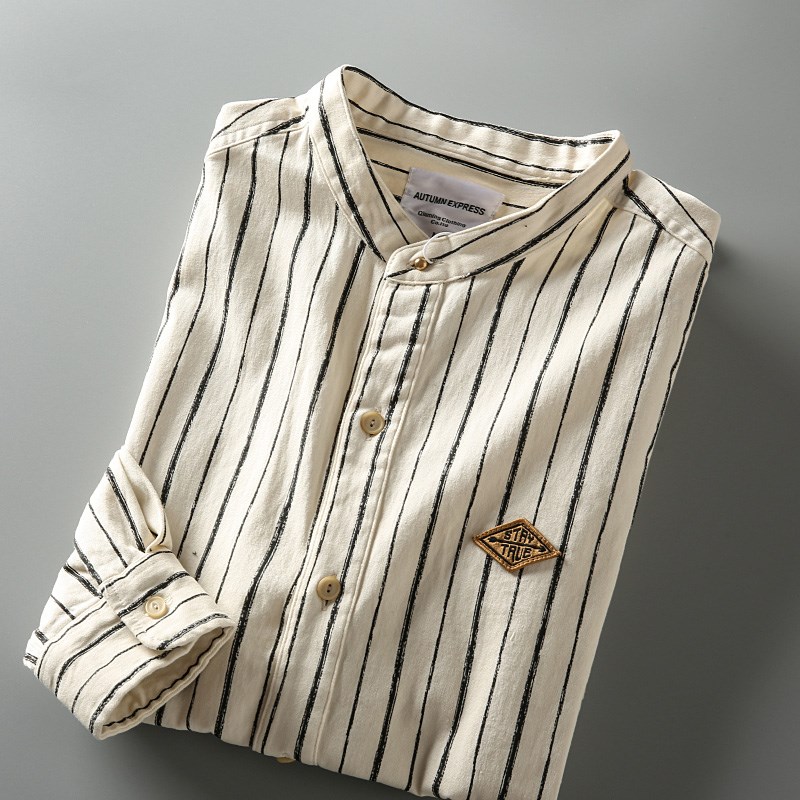 春秋新款美式复古竖细条纹立领长袖衬衫男士宽松休闲棒Z球衬衣外