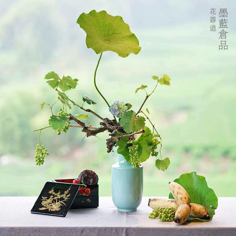 墨蓝花器青瓷投入瓶中式日式花道插花器皿陶瓷花瓶棒槌瓶客厅摆件