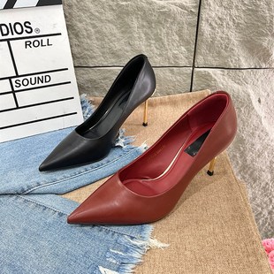 黑色水钻细跟空姐工作鞋 欧货2025春夏职业高跟鞋 女尖z头浅口单鞋