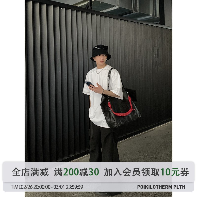 PLTH*小e众拼接纯棉小领口休闲百搭宽松重磅纯棉短袖男美式通勤T