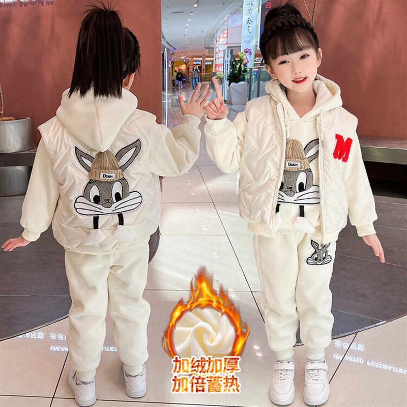 女童秋装套装2023新款8加绒加厚马甲卫H衣7岁儿童洋派时尚三件套1