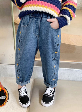 2021b新款女童牛仔裤秋冬儿童秋季韩版宽松裤子女宝宝加绒洋气长