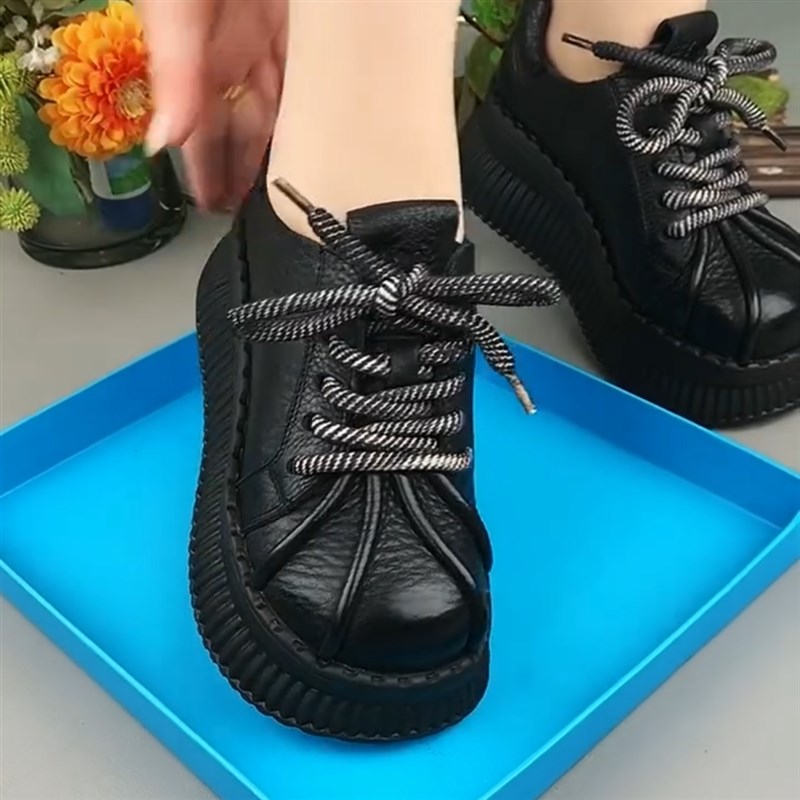 单鞋女真皮圆头深口松糕厚底系A带皮鞋女复古休闲百搭软底妈妈鞋