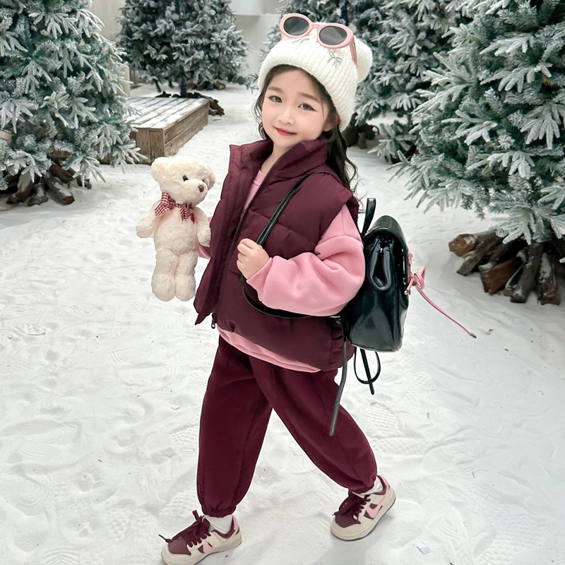 女童加绒加厚套装婴幼儿童洋气y韩版冬装卫衣卫裤羽绒棉马甲三件