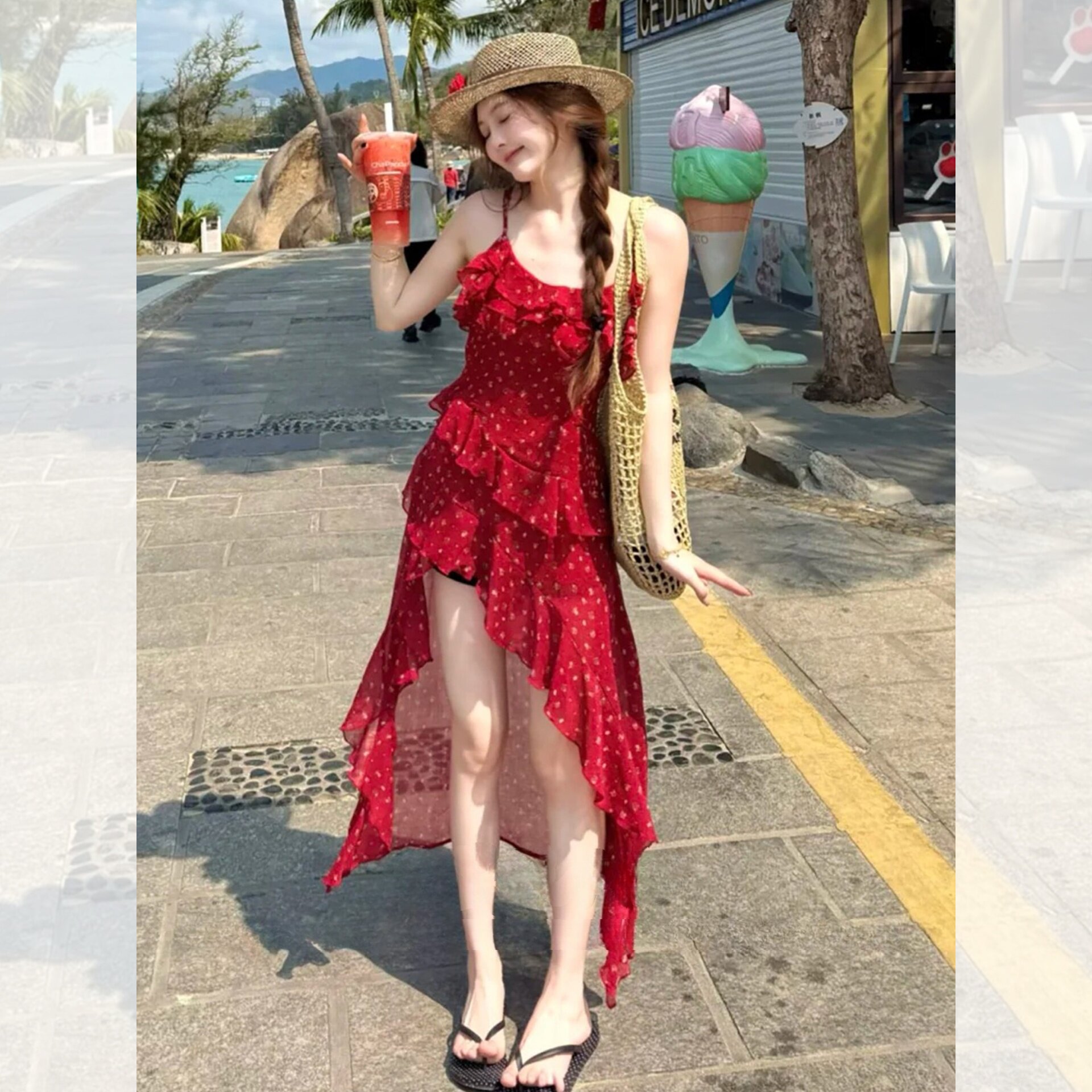 法式度假风波点吊带连衣裙无袖设计感不规则荷叶边修身显瘦长裙女