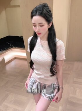 夏季女甜美条纹针织格子显瘦套装