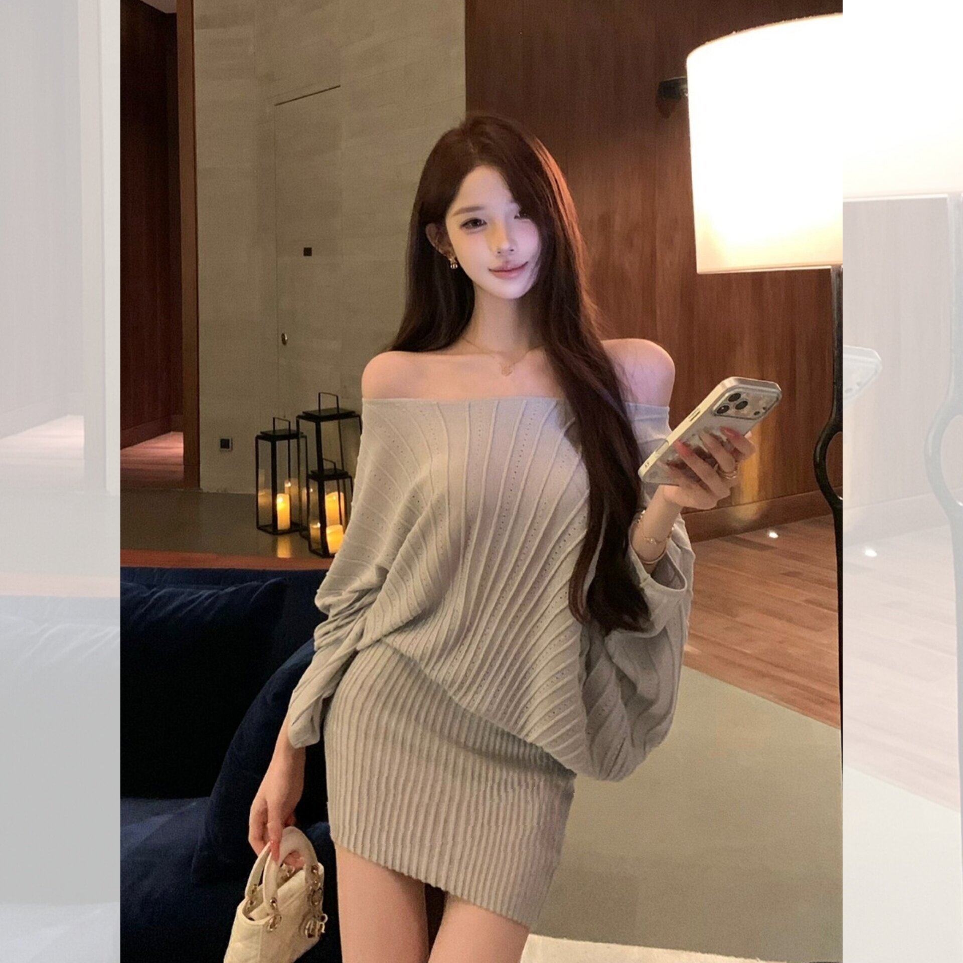 慵懒风一字领连衣裙女秋松弛感露肩斜肩蝙蝠袖修身包臀针织中长款
