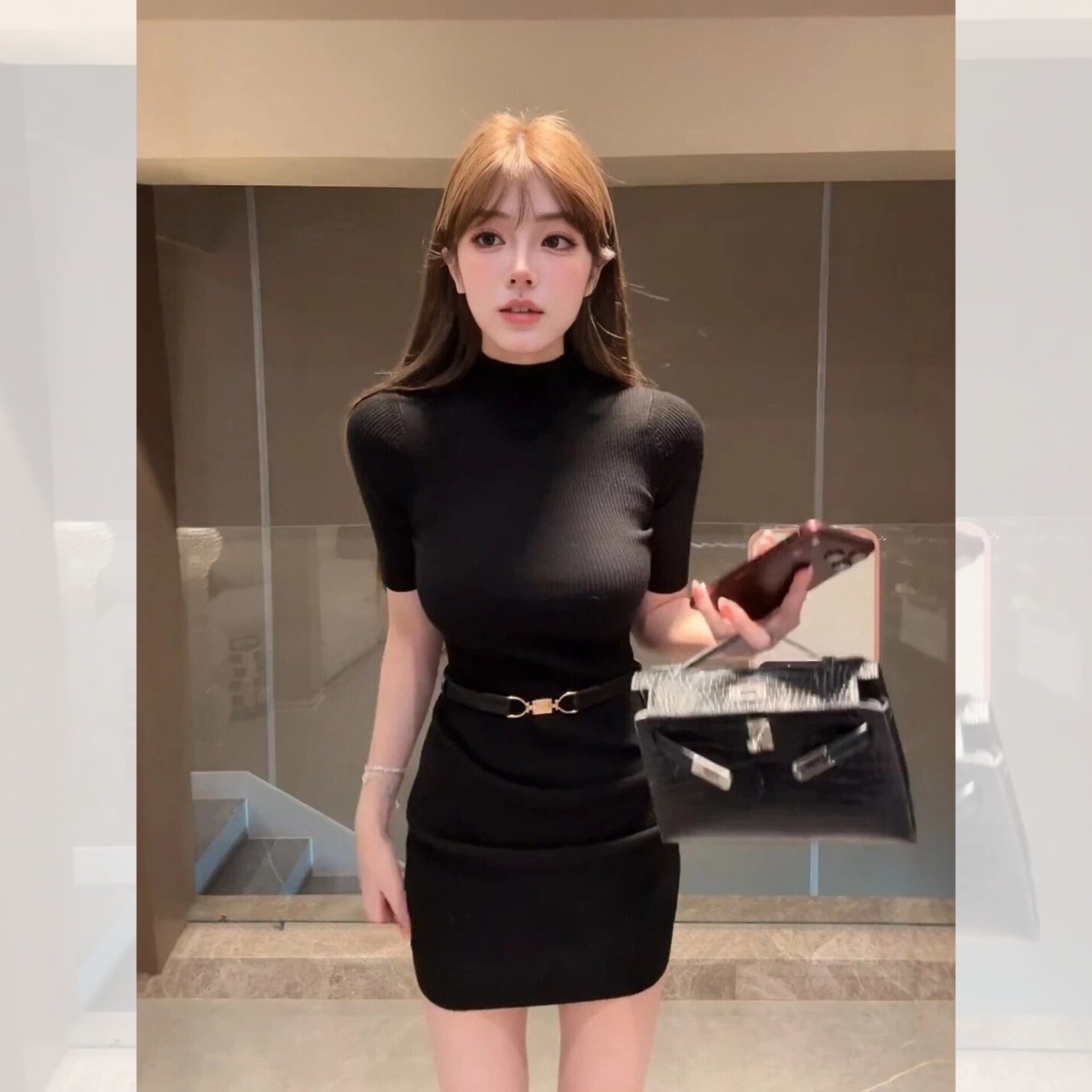 栗秋纯欲风性感气质中袖针织连衣裙女秋季修身显瘦收腰包臀连衣裙