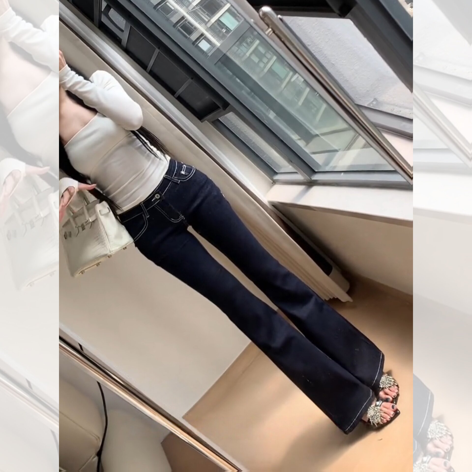 韩版辣妹风时髦口袋设计感低腰丰垮微喇牛仔裤女修身显瘦提臀长裤