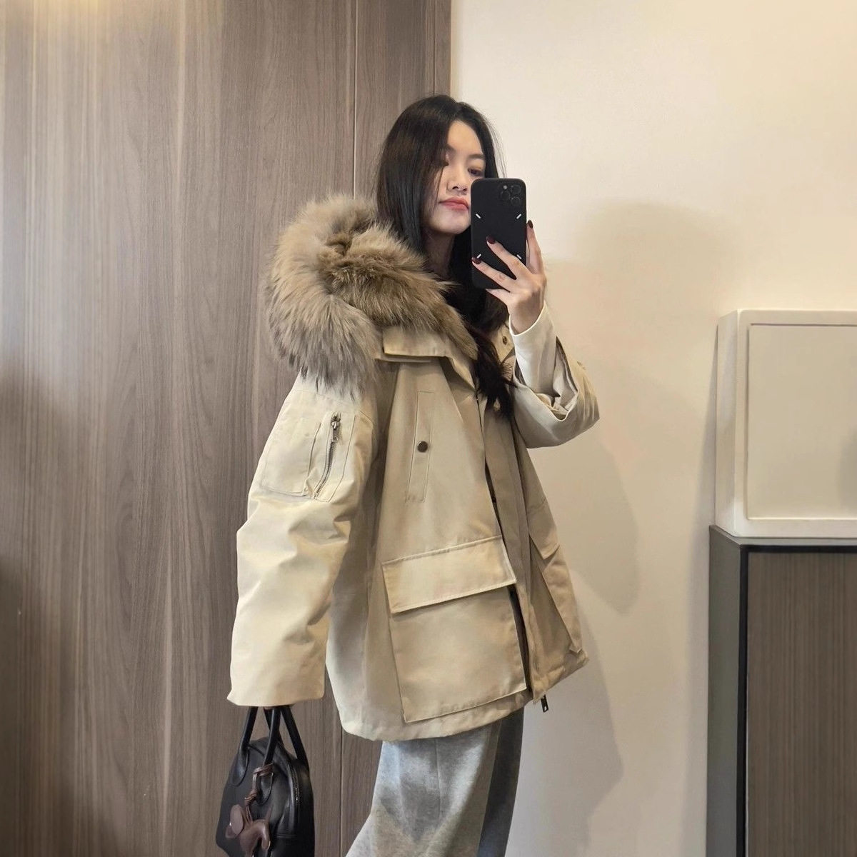 新款加厚冬保暖工装派克羽绒棉服女中长款毛领户外防风派克服黑色