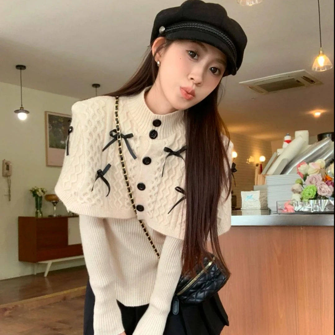 2025冬季新款温柔风时尚两件套毛衣打底针织衫套头披肩针织衫上衣