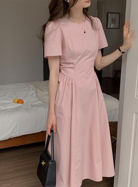 TG 连衣裙女2024夏季新款小众复古收腰褶皱泡泡短袖圆领长裙19396