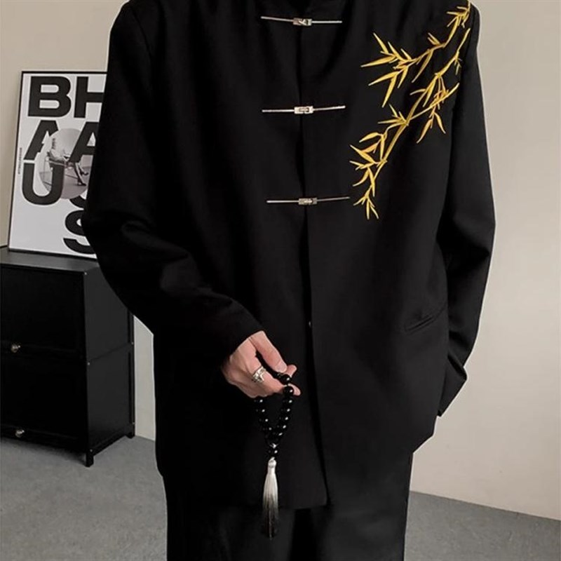 新中式男士订婚衣服套装国风立领中F山装金竹刺绣男孩成人礼服西