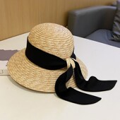 夏季 出游女式 飘带草帽度假旅游海边沙滩太阳帽优雅气质大檐遮阳帽