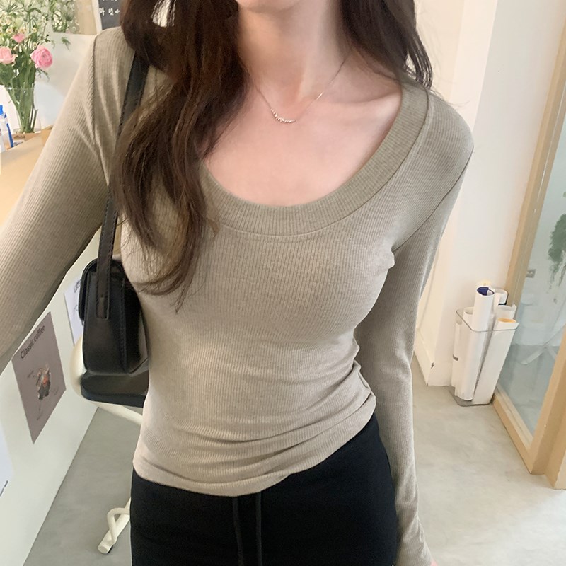 U领打底衫女秋冬款2024新款美式正肩白色t恤女长袖低领修身上衣女