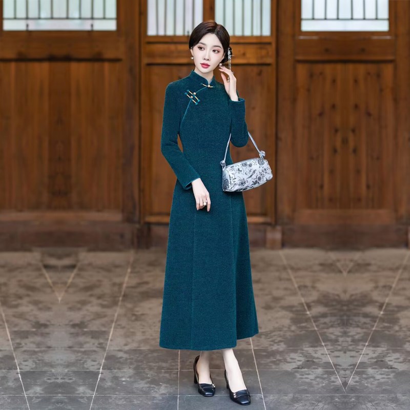 加厚旗袍改良版连衣裙长袖秋冬女装妈妈年轻气质礼服日常可穿大码