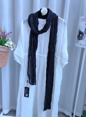 夏季薄款黑色棉麻围巾细窄长条加长版2.6米肌理褶皱复古文艺丝巾