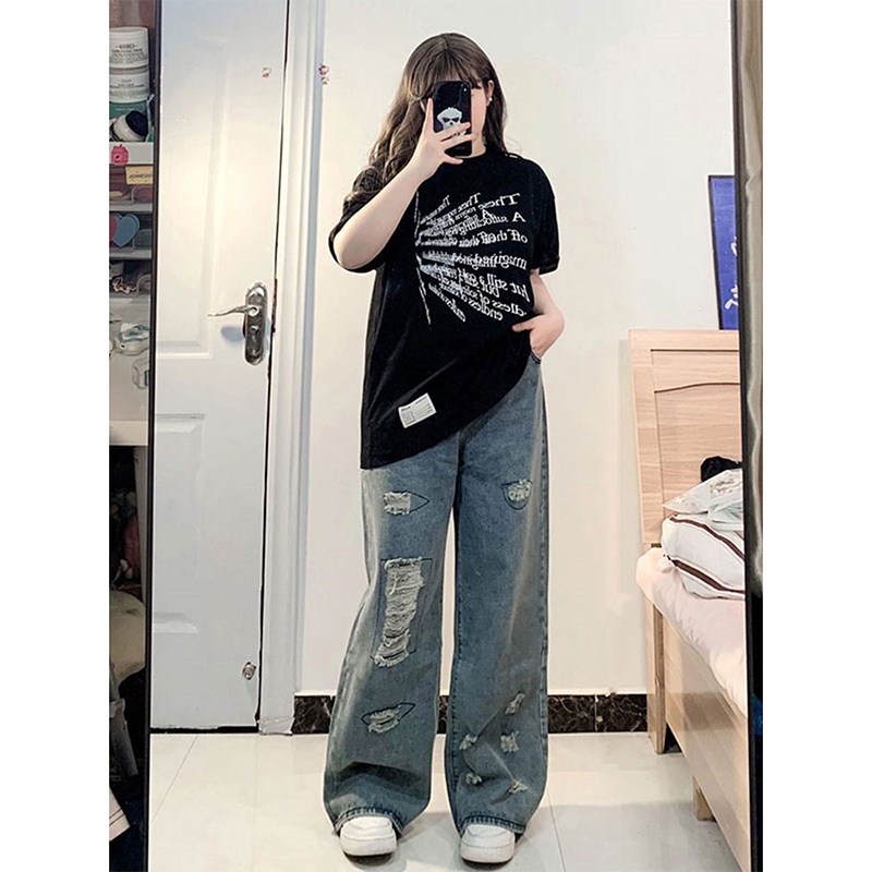 特大码女装加肥加大胖mm复古破洞阔腿牛仔裤女高腰显瘦直筒拖地裤
