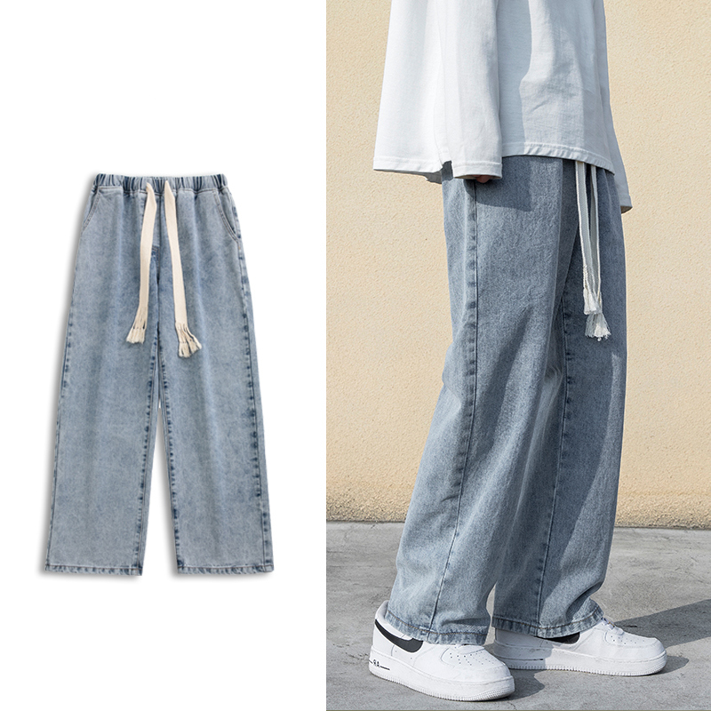 松紧腰牛仔裤男秋季新款直筒宽松长裤男款浅色潮牌男生阔腿裤子