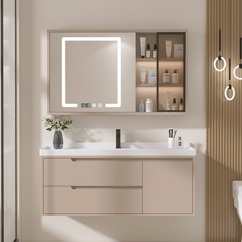 实木浴柜组合陶瓷一体盆洗手洗脸盆洗手台化妆室智能新款奶油风