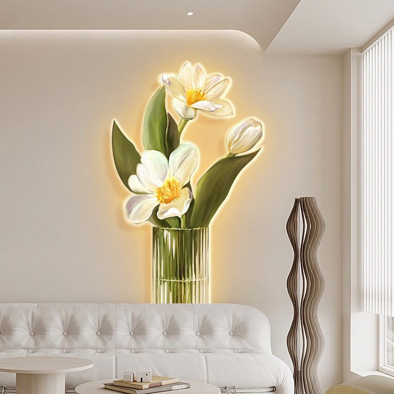 奶油风装饰画gled灯画客厅沙发背景墙餐厅带灯花玄关灯光卧室挂画