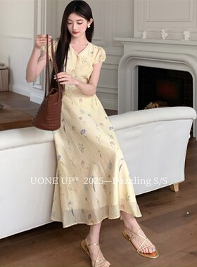 UONE十三行新款印花连衣裙长裙女夏季V领短袖系带收腰淑女裙子