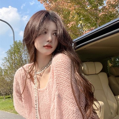 秋季粉色马海毛套头毛衣女高级y感宽松慵懒风长袖镂空针织罩衫薄